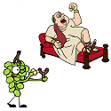 grape shooting fat at a man eating grapes on the couch